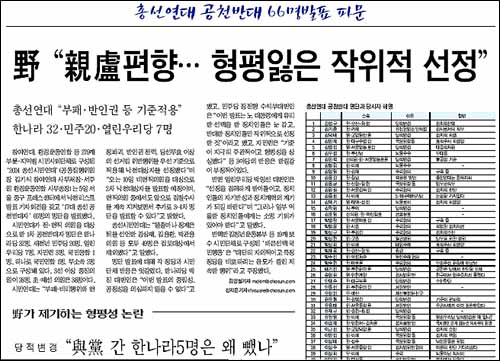 조선일보는 6일자 4면의 '총선연대의 공천반대 파문' 제하 기사. 조선은 이번 공천반대자 선정에 대해 "친노편향의 작위적 선정으로 형평성을 잃었다"고 비판했다. 